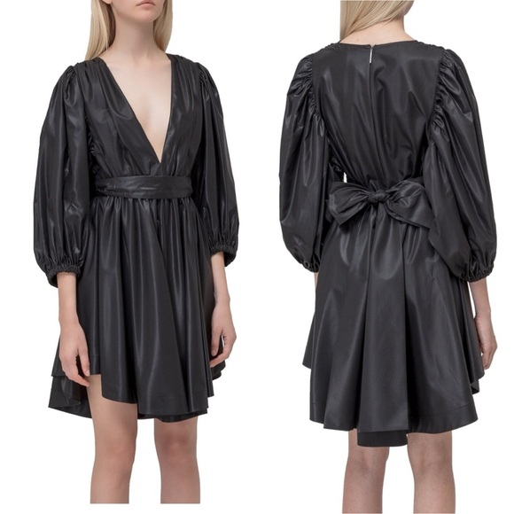 MSGM Satin High Shine Faux Wrap Asymmetrical  Puff Sleeve Bow Tie Mini Dress NEW - Picture 7 of 16